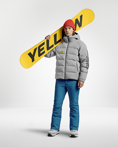 Man Wearing Puffer Jacket and Snow Pants with Snowboard Mockup