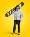 Man Wearing Puffer Jacket and Snow Pants with Snowboard Mockup