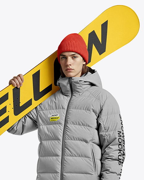 Man Wearing Puffer Jacket and Snow Pants with Snowboard Mockup