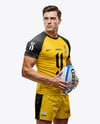 Man Wearing Rugby Uniform with Ball Mockup