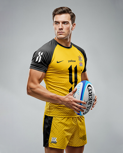 Man Wearing Rugby Uniform with Ball Mockup