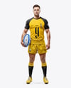 Man Wearing Rugby Uniform with Ball Mockup