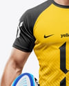 Man Wearing Rugby Uniform with Ball Mockup