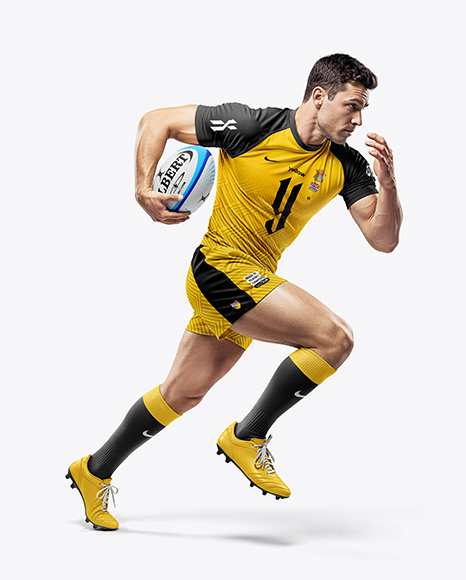 Man Wearing Rugby Uniform with Ball Mockup