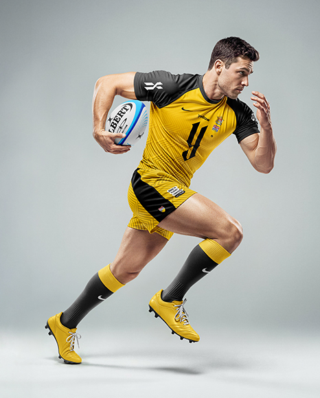 Man Wearing Rugby Uniform with Ball Mockup
