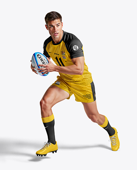 Man Wearing Rugby Uniform with Ball Mockup