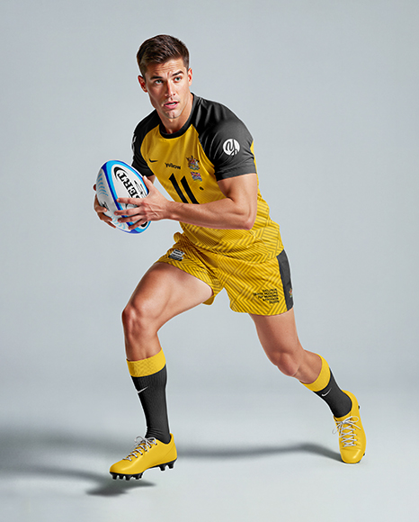 Man Wearing Rugby Uniform with Ball Mockup