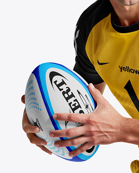 Man Wearing Rugby Uniform with Ball Mockup