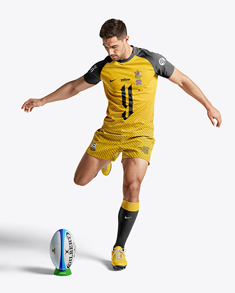 Man Wearing Rugby Uniform with Ball Mockup - PSD Mockups