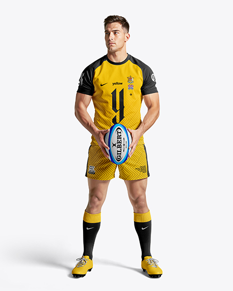 Man Wearing Rugby Uniform with Ball Mockup