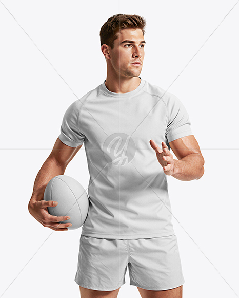 Man Wearing Rugby Uniform with Ball Mockup