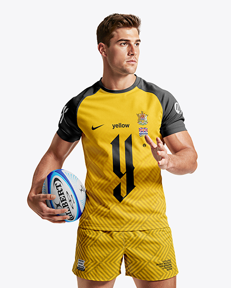 Man Wearing Rugby Uniform with Ball Mockup