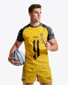 Man Wearing Rugby Uniform with Ball Mockup