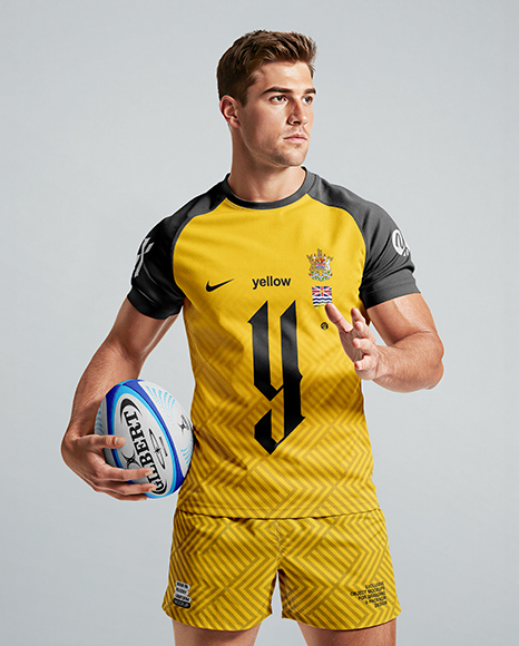 Man Wearing Rugby Uniform with Ball Mockup