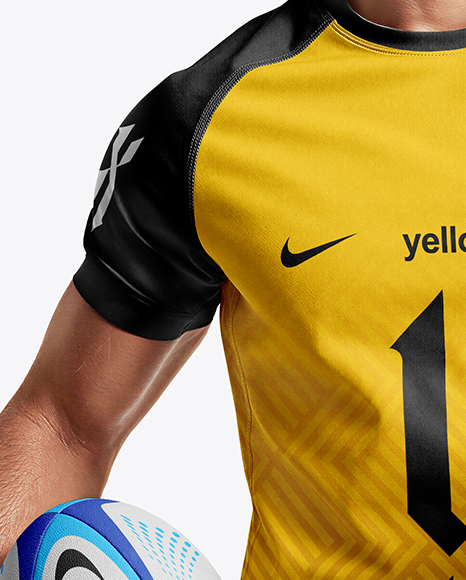 Man Wearing Rugby Uniform with Ball Mockup