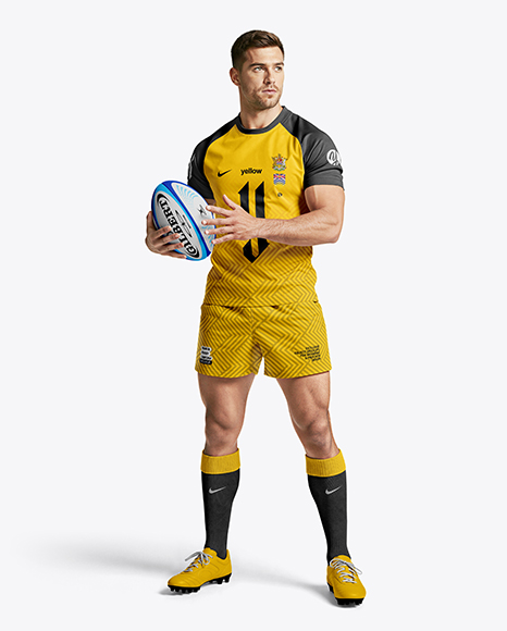 Man Wearing Rugby Uniform with Ball Mockup