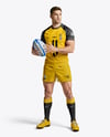 Man Wearing Rugby Uniform with Ball Mockup