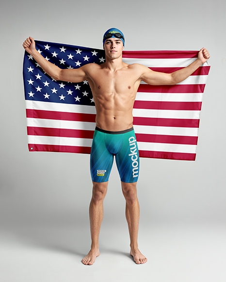 Man Wearing Swimming Jammers with Flag Mockup