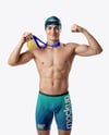 Man Wearing Swimming Jammers with Medal Mockup