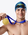 Man Wearing Swimming Jammers with Medal Mockup