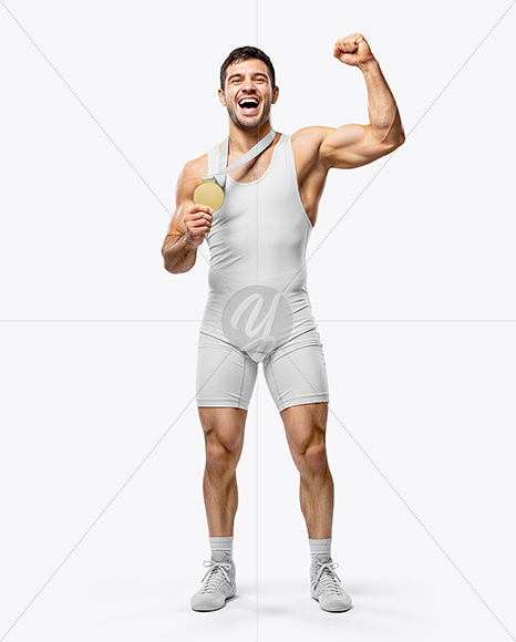 Man Wearing Wrestling Uniform with Medal Mockup