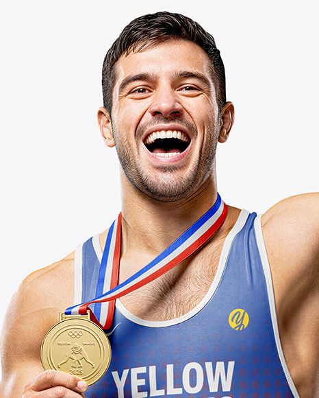 Man Wearing Wrestling Uniform with Medal Mockup
