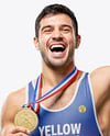 Man Wearing Wrestling Uniform with Medal Mockup