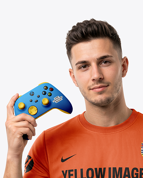 Man with Game Controller Wearing eSports Jersey Mockup