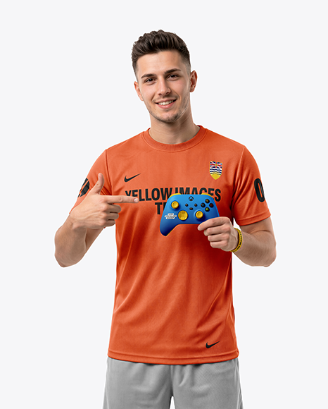 Man with Game Controller Wearing eSports Jersey Mockup