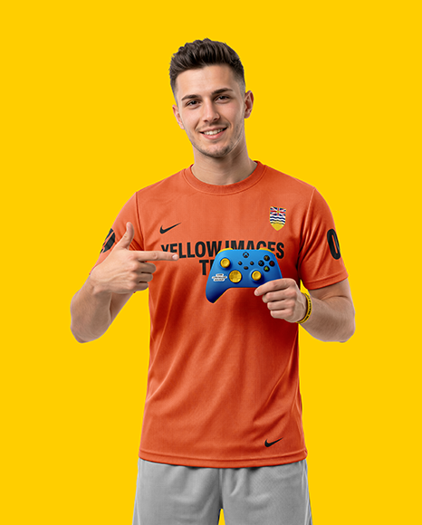 Man with Game Controller Wearing eSports Jersey Mockup