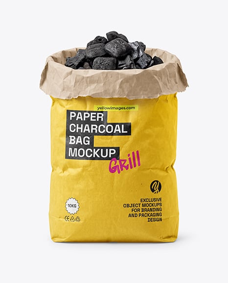 Opened Paper Bag with Grill Charcoal Briquettes Mockup