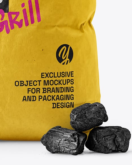 Opened Paper Bag with Grill Charcoal Briquettes Mockup