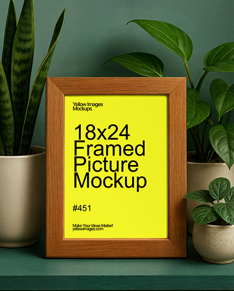 Wooden Framed Poster on Shelf with Plants Mockup