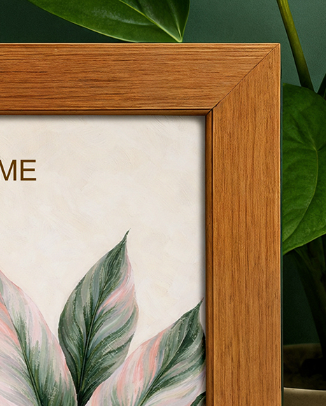 Wooden Framed Poster on Shelf with Plants Mockup