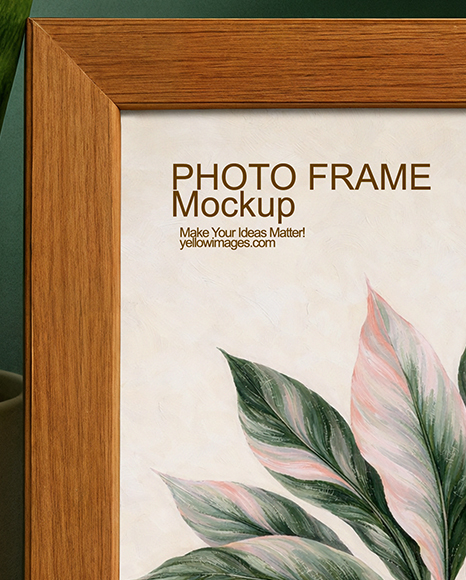 Wooden Framed Poster on Shelf with Plants Mockup