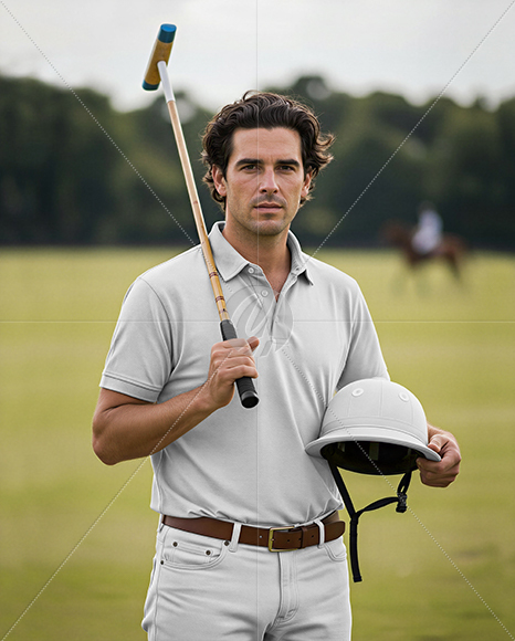 Polo Player Wearing Jersey Holding Helmet and Mallet Mockup