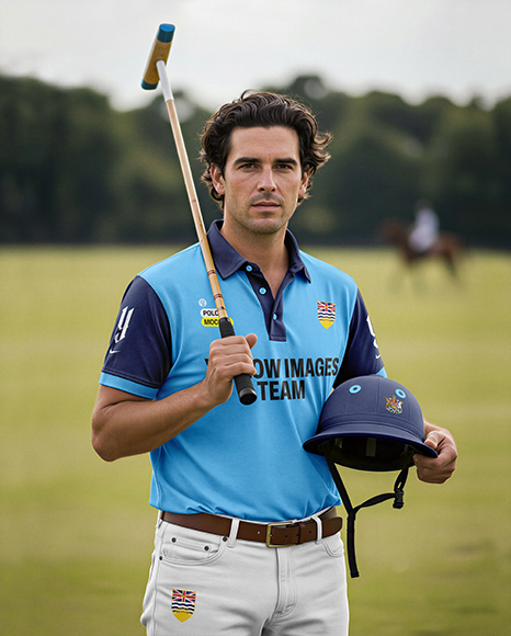 Polo Player Wearing Jersey Holding Helmet and Mallet Mockup