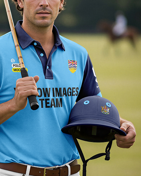 Polo Player Wearing Jersey Holding Helmet and Mallet Mockup