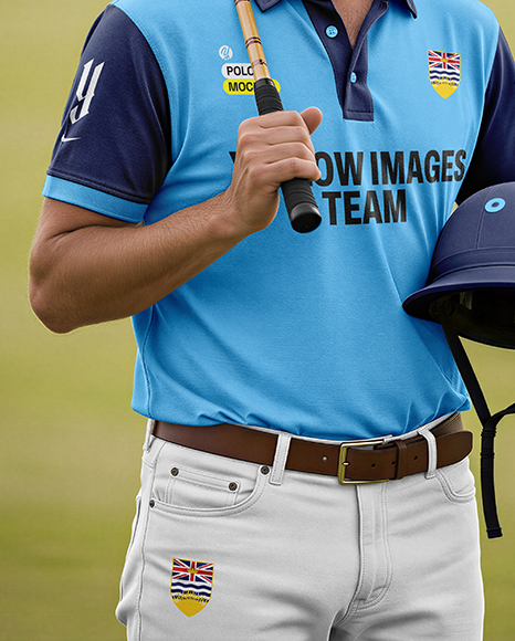Polo Player Wearing Jersey Holding Helmet and Mallet Mockup
