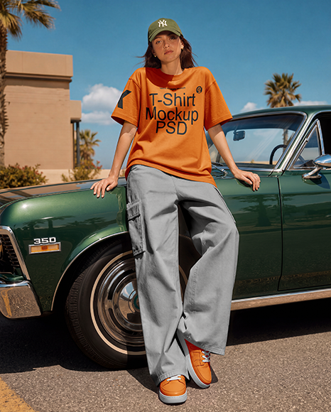 Woman in an Oversized T-Shirt and Cargo Pants Mockup