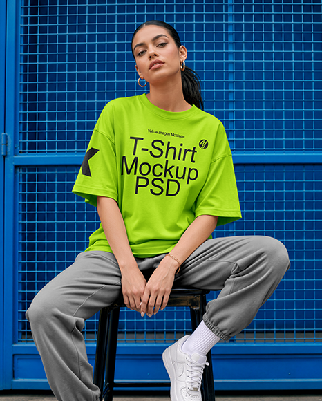 Woman in an Oversized T-Shirt and Sweatpants Mockup