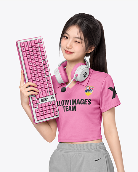 Woman Wearing Cropped Polo Shirt with Gaming Keyboard Mockup