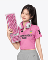 Woman Wearing Cropped Polo Shirt with Gaming Keyboard Mockup