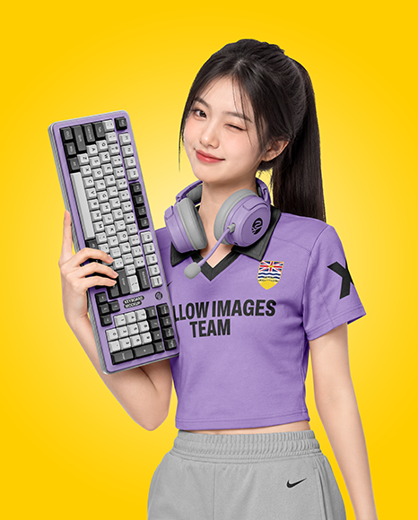 Woman Wearing Cropped Polo Shirt with Gaming Keyboard Mockup