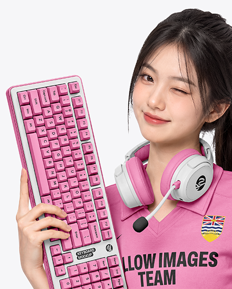 Woman Wearing Cropped Polo Shirt with Gaming Keyboard Mockup