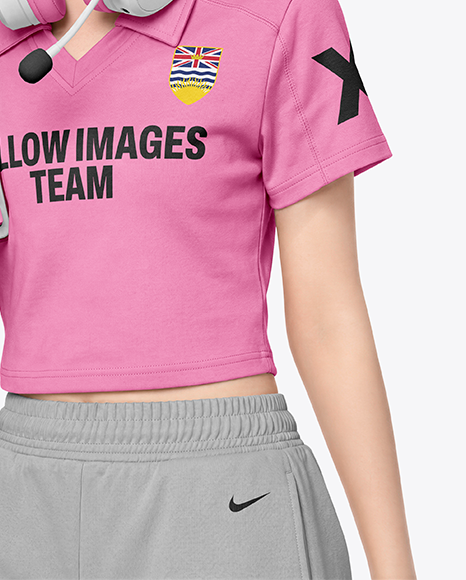 Woman Wearing Cropped Polo Shirt with Gaming Keyboard Mockup