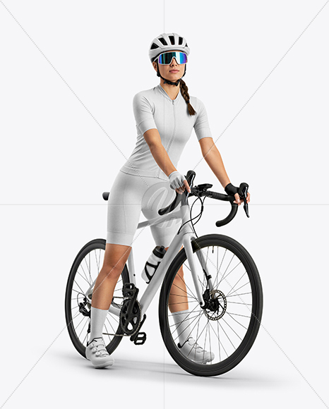 Woman Wearing Full Cycling Kit with Road Bike Mockup