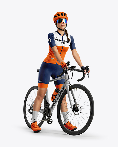 Woman Wearing Full Cycling Kit with Road Bike Mockup