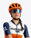 Woman Wearing Full Cycling Kit with Road Bike Mockup