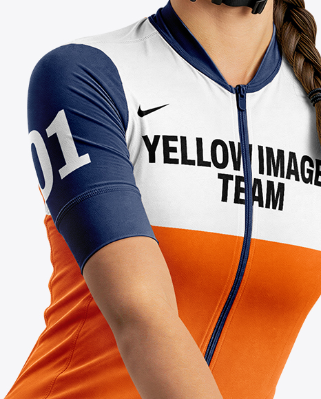 Woman Wearing Full Cycling Kit with Road Bike Mockup